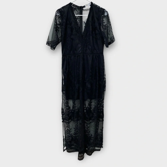 Eleter Women's Deep V-Neck Lace Romper Short Sleeve Long Dress Black Size M - Picture 11 of 11